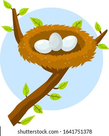 Nest and egg. Bird house. Place for Chicks. Tree branch with leaves. Cartoon flat illustration. element of nature and forests. Wildlife. Blue background