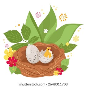 Ninho com ovo e pinto entre grama e flores. Padrão isolado de textura de vetor. Filhotes lindos de pequenos pássaros. Cores brilhantes de primavera e verão. Verde, amarelo, vermelho
