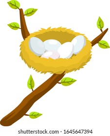 Nest and egg. Place for Chicks. Tree branch with leaves. Cartoon flat illustration. element of nature and forests. Wildlife and spring season. Bird house