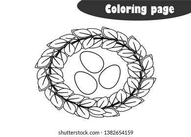 Nest with eggs in cartoon style, coloring page, spring education paper game for the development of children, kids preschool activity, printable worksheet, vector illustration