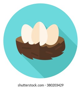 Nest with Eggs Circle Icon. Flat Design Vector Illustration with Long Shadow. Food Symbol.