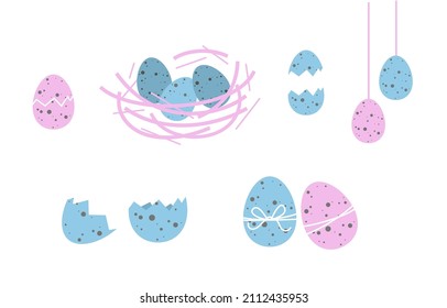 Nest with eggs collection. Rustic style spotted blue and pink eggs with ribbons and baws. Easter decoration. Flat vector illustration.