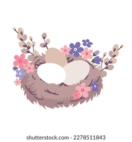 Nest with eggs decorated with willow and spring flowers. Illustrated vector element.