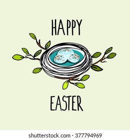Nest with eggs, Easter greeting card, hand drawn vector illustration