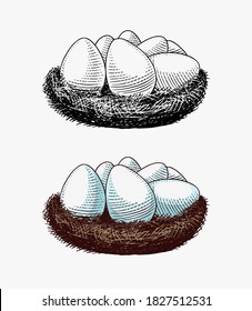 Nest of eggs. Farm product. Engraved hand drawn retro vintage sketch. Woodcut style. Vector illustration for menu or poster or easter.