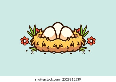 Nest with Eggs and Flowers Charming Cartoon Vector Illustration for Spring Design