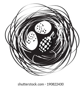 nest with eggs and a grenade in a white-black