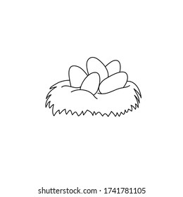 Nest with eggs from hay woven chicken in the style of the doodle. Black-white vector illustration. Illustration isolated on white background.