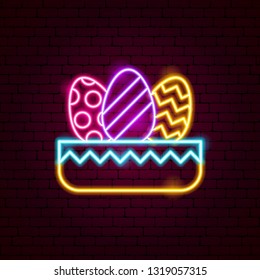 Nest with Eggs Neon Sign. Vector Illustration of Seasonal Holiday Promotion.