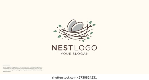 nest with eggs outline logo line art, black and white doodle style.