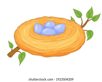 Nest with eggs. Vector illustration. Isolated on white. Cartoon style.