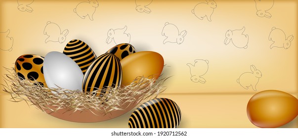 Nest with golden eggs on a light beige background. Easter background for your design. Realistic
 3d vector illustration. Trendy design for greeting card, poster, banner or invitation