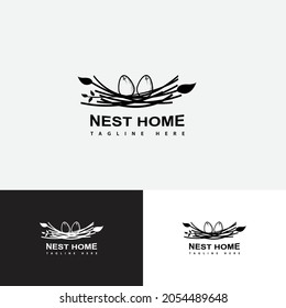 Nest Home Logo Design Template With Bird Egg. A Bird Laying Eggs In Her Nest.