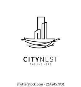 nest illustration with city line art. birdhouse symbol logo Vector