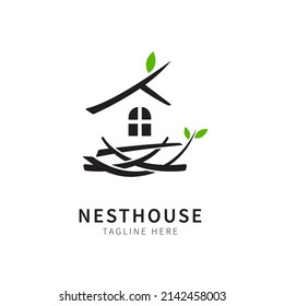 nest illustration with house and leaf. birdhouse symbol logo Vector