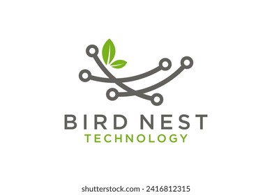 The nest illustration logo with a technology theme, depicting twigs and circuit board lines.