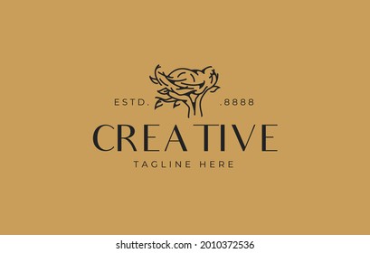 Nest Logo Design Template. Vector Illustration of bird's nest on a branch. Vintage Modern Logo Line Art Design Template