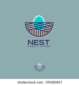 Nest  Logo. Family Store Logo. Nest With An Egg On A Blue Background.