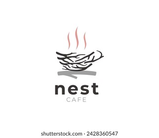 Nest logo vector illustration. Cafe with coffee or tea cup and nest logo design