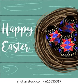 Nest with ornamental painted Easter eggs on a background of turquoise wooden boards. For congratulatory holiday cards, banners and textiles - Vector Illustration 
