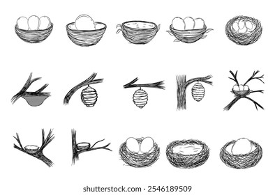 Nest outline style hand drawn vector set illustration