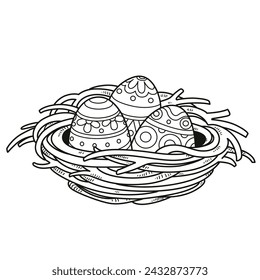 Nest with painted Easter eggs outlined for coloring on a white background. Image produced without the use of any form of AI software at any stage