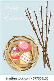 nest with painted Easter eggs and willow branches greeting card, vector image
