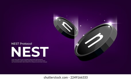 Banner temático sobre la moneda de la moneda de NEST Protocol. Icono NEST sobre fondo de color negro moderno.