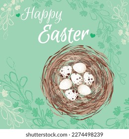 A nest with quail eggs and willow branches on a turquoise background with an Easter greeting. Vector illustration.