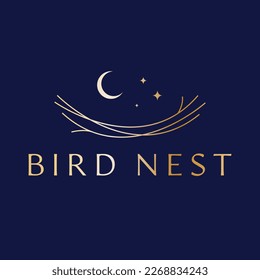 Nest and sky abstract logo template. Bird nest logo design. Nest, moon and stars logotype.