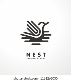 Nest symbol line art illustration with cute bird. Creative logo design concept.