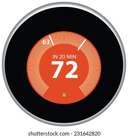 Nest Thermostat Controls And Regulates The House Remotely. Vector Illustration.