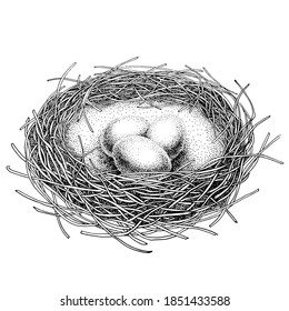 Nest with three eggs. Engraving style. Black ink pen. Black and white.