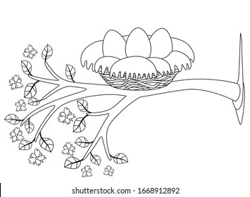 Nest with three eggs on a flowering tree - vector spring linear picture. Birds cozy cute nest on a branch with flowers and leaves. Nest on a branch - stock illustration for coloring. Outline.