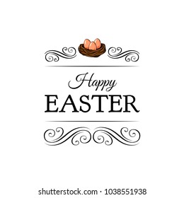 Nest with three eggs on white background. Happy Easter lettering. Vector illustration in vintage style.