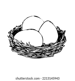 Nest with three eggs. Spring hand drawn illustration. Doodles