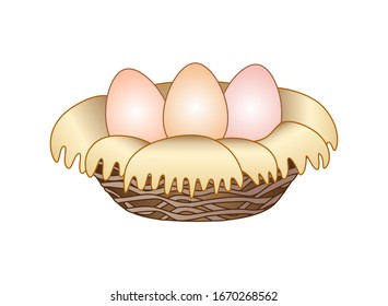 Nest with three eggs - vector full color picture. Bird's nest of hay with large eggs - a spring-themed picture.