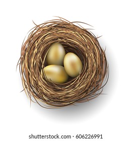 Nest with three golden eggs on white background, vector illustration, eps 10 with transparency and gradien meshes