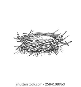 Nest vector black and white illustration hand drawn with ink. Isolated object for label design.