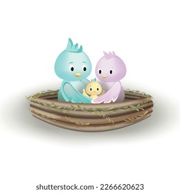 Nest vector illustration. Birds family, 3d cartoon characters. Parents are hugging their baby. Happy family concept, parents are  taking care of their kids. 