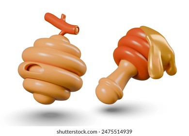 Nest of wild bees, honey dipper. 3D icons in cartoon style
