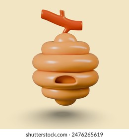 Nest of wild bees on branch. Vector illustration in 3D cartoon style