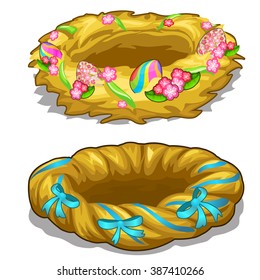 The nest is woven from straw with Easter eggs. Vector illustration.