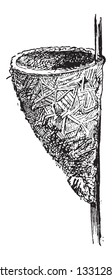 Nest of the Wren or Troglodytes sp.: conical shape, made of twigs, grass, leaves, attached to a tree branch vintage engraved illustration. Dictionary of Words and Things - Larive and Fleury - 1895
