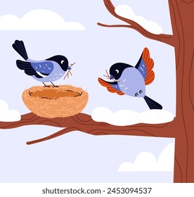 Nest-building teamwork in action. This vector illustration shows two birds collaborating on constructing their nest on a sturdy tree branch.