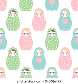 Nested doll seamless pattern. Cute wooden Russian doll - Matrioshka. Pastel colors nested doll Matrioshka illustration on white background.