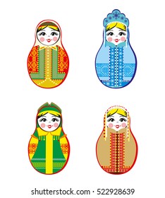 Nested dolls set. Matryoshka dolls with different traditional Russian ornaments. Isolated vector illustration Eps 10