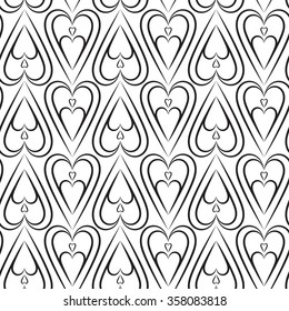 Nested hearts and spades seamless pattern. Vertically aligned layout. Black and white vector illustration.
