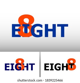 Nested numbers and words series: Eight; numeral and word logo for eight number. Eight letter with eight figure logo design. Number and name typography.  Text logo studies for all numbers.