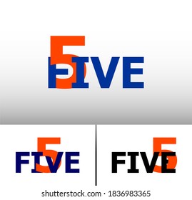 Nested numbers and words series: Five; numeral and word logo for number. Five letter with five figure logo design. Number and name typography.  Text logo studies for all numbers.